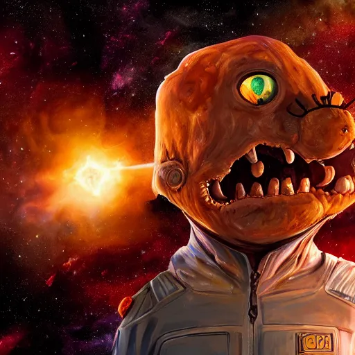 Image similar to one eldritch horror bloody garfield in space, galaxy, hd, 8 k, giant, epic, realistic photo, unreal engine, stars, prophecy, powerful, cinematic lighting, destroyed planet, debris, violent, sinister, ray tracing, dynamic, print, epic composition, dark, horrific, teeth, grotesque, scary, pencil drawing