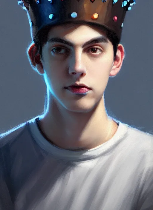 Image similar to portrait of teenage jughead jones wearing a light grey crown, photorealistic, crown, eyes closed, crown, black hair, intricate, elegant, glowing lights, highly detailed, digital painting, artstation, concept art, smooth, sharp focus, illustration, art by wlop, mars ravelo and greg rutkowski