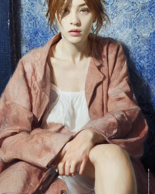 Image similar to a ultradetailed beautiful panting of a stylish woman sitting on the floor in a tiled room, she is wearing an oversized jacket, night time, highly detailed face, oil painting, by ruan jia