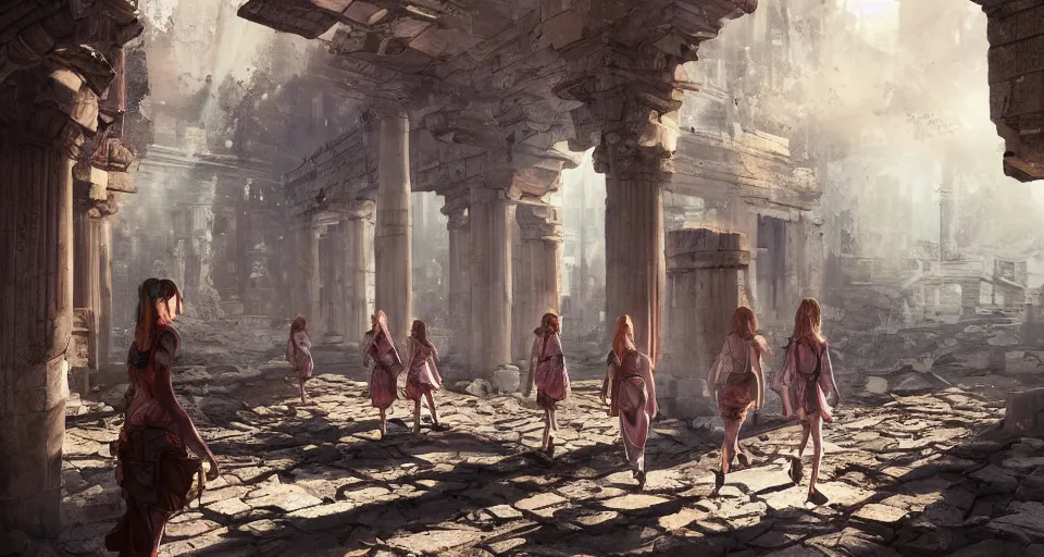 Prompt: Shool girls walking through the interior of an mytical and ancient temple in ruins, hyperdetailed, artstation, cgsociety, golden hour 8k