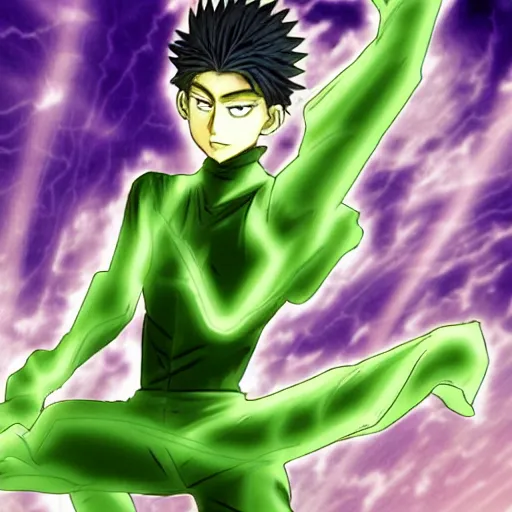 Image similar to A man with a green aura In the style of Togashi