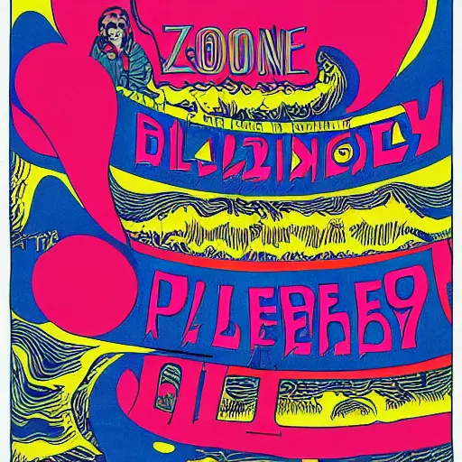 Image similar to Fillmore concert poster for The Bozone April 20, 1969 by Victor Moscoso and S. Clay Wilson, psychedelic, day-glo colors, flowing lettering