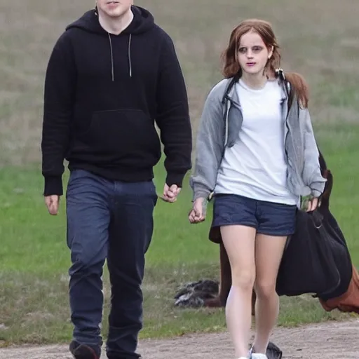 Image similar to emma watson and elon musk as a teenagers with hoodies holdings hands at the park