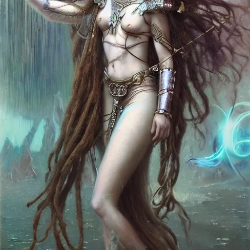 Image similar to techno mystic goddess princess intergalactica, goddess inanna, ashteroth, with aqua neon rapunzel dreadlocks, mami wata, detailed, by gaston bussiere, bayard wu, greg rutkowski, h. r. giger, greg rutkowski, sandro botticelli, masterpiece, sharp focus,