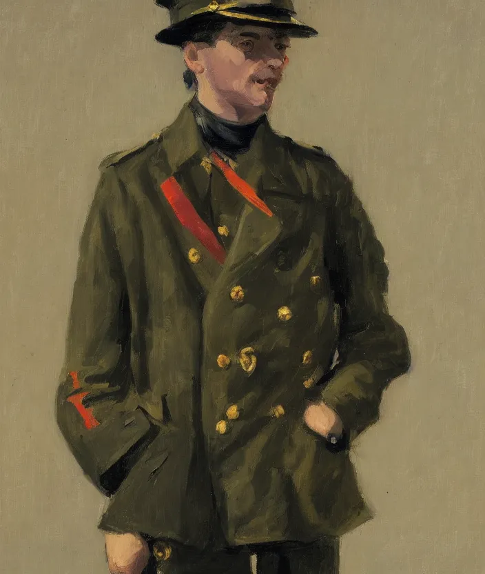 Image similar to a very detailed portrait of a man, wearing a colorful military jacket, frontal view, in the style of edward hopper and oswald hornby joseph birley, very small brushstrokes, 4 k,