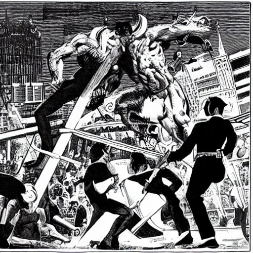 Prompt: high contrast men in black fighting a giant minotaur