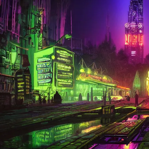 Image similar to Shrek, Louisiana, Swamp, Cyberpunk, Neon lights, City background, Ultradetailed, Cyborg, Futuristic, Far Future, Sci-fi, 4k