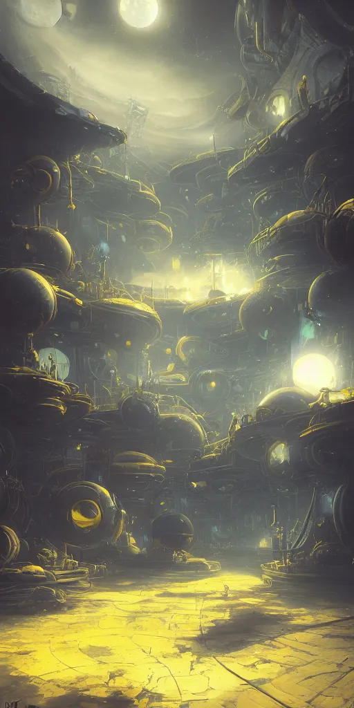 Image similar to Detailed exterior of the enemy moon base, yellow swirling dust planet, stunning atmosphere, in Style of Peter Mohrbacher, cinematic lighting