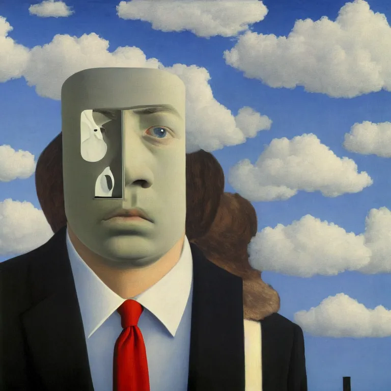 Image similar to portrait of a faceless chrome - head man in a suit, clouds in the background, by rene magritte, detailed painting, distance, centered, hd, hq, high resolution, high detail, 4 k, 8 k