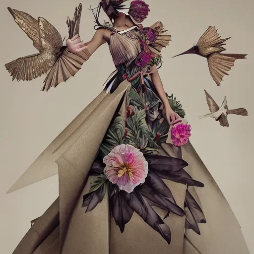 Image similar to 3 / 4 view of a beautiful girl wearing an origami dress, eye - level medium shot, fine floral ornaments in cloth and hair, hummingbirds, elegant, by eiko ishioka, givenchy, ambrosius boeschaert, by peter mohrbacher, centered, fresh colors, origami, fashion, detailed illustration, vogue, native american woman, reallusion character creator