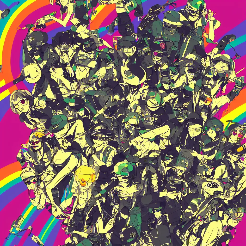 Image similar to people wearing helmets, ryuta ueda artwork, jet set radio artwork, stripes, gloom, space, cel - shaded art style, broken rainbow, data, minimal, speakers, code, cybernetic, dark, eerie, cyber