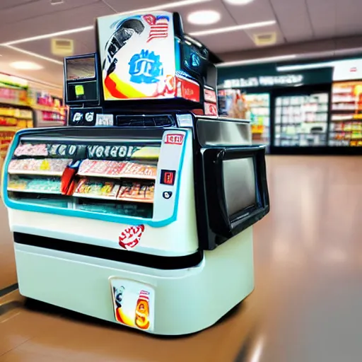 Image similar to fisheye photography irritable convenience store robo - cashier