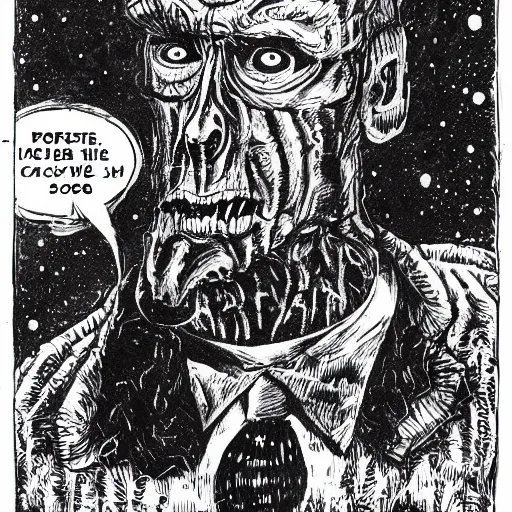 Image similar to a Pop Wonder scary horror themed goofy-hilarious-swamp-bog-monster-spaced-out-dead-head-with-space-in-his-oraphus, 3-piece-suit, dime-store-comic drawn with charcoal and pen and ink, half-tone-line-stacking