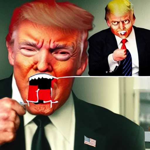 Prompt: polaroid movie still of zombie donald trump eating tucker carlson on foxnews,