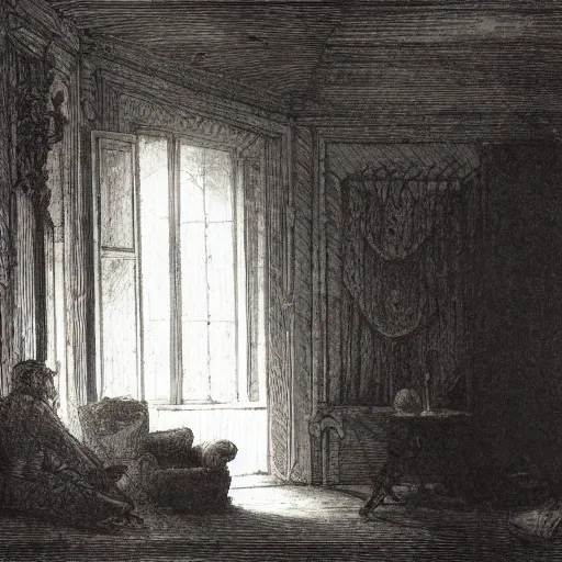 Image similar to living room of an abandonded house, illustration by Gustav Doré, Chiaroscuro, dramatic light