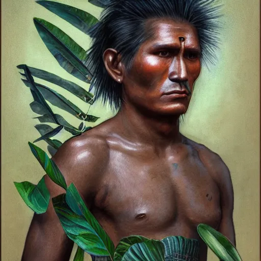 Prompt: a male tupi guarani warrior portrait, tropical plants hiding the top part of his face, by marco mazzoni, dark background