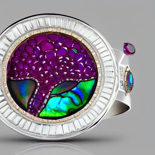 Prompt: block of abalone block of inlaid silver, block of ruby, sand, water reflecting pool coins photo rolex arpels swiss 4 k artstation