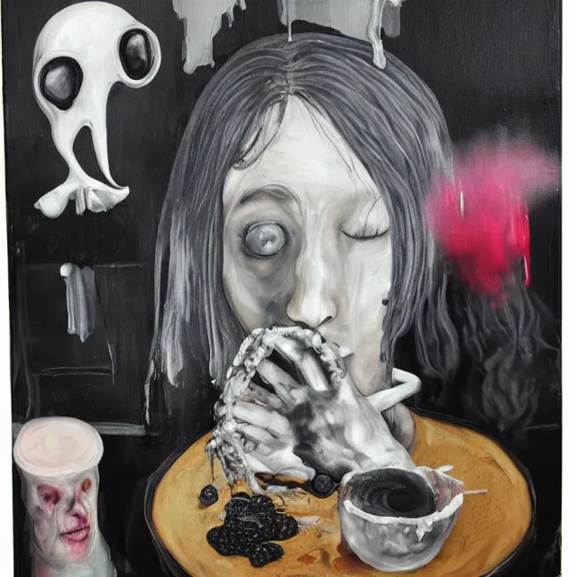 Prompt: dripping black and grey paint, white wax, sensual, a sad portrait in a female art student's apartment, pancakes, depression, crying, woman holding a brain from inside a painting, berries, octopus, art materials, a lamp, bottles covered in wax, neo - expressionism, surrealism, acrylic and spray paint and oilstick on canvas