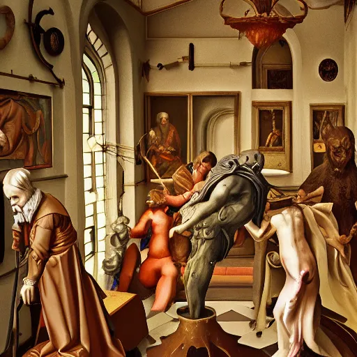 Image similar to evil souls being sculptured in small renaissance shop, advanced, fantastic reality, in the style o fstefan bakałowicz, 8 k resolution