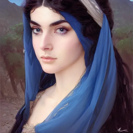 Image similar to ameera al taweel, bright blue eyes, long wavy black hair, white veil, front , highly detailed, digital painting, artstation, concept art, smooth, sharp focus, illustration, ArtStation, art by artgerm and greg rutkowski and alphonse mucha and J. C. Leyendecker and Edmund Blair Leighton