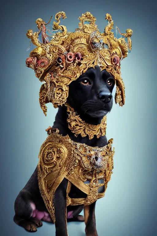 Prompt: a beautiful empress portrait, with a brilliant, impossible striking big Puppy headpiece, clothes made of puppies, everything puppies, symmetrical, dramatic studio lighting, rococo, baroque, asian, hyperrealism, closeup, D&D, fantasy, intricate, elegant, highly detailed, digital painting, artstation, octane render, 8k, concept art, matte, sharp focus, illustration, art by Artgerm and Greg Rutkowski and Alphonse Mucha