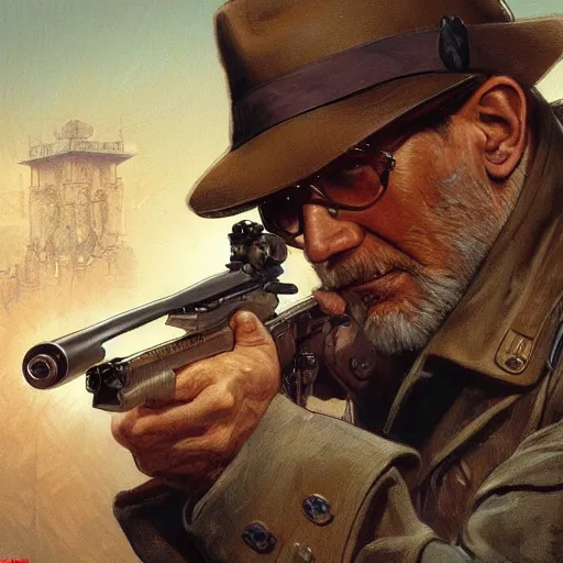 Prompt: indiana jones aiming a sniper rifle to a german wwii general, intricate, highly detailed, digital painting, artstation, concept art, sharp focus, cinematic lighting, illustration, art by artgerm and greg rutkowski, alphonse mucha, cgsociety,