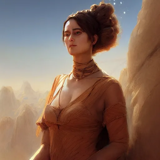 Image similar to a beautiful portrait painting of life on arrakis, masterpiece by famous artist nasreddine dinet and eugene de blaas and greg rutkowski and artgerm and wlop, path tracing, artstation