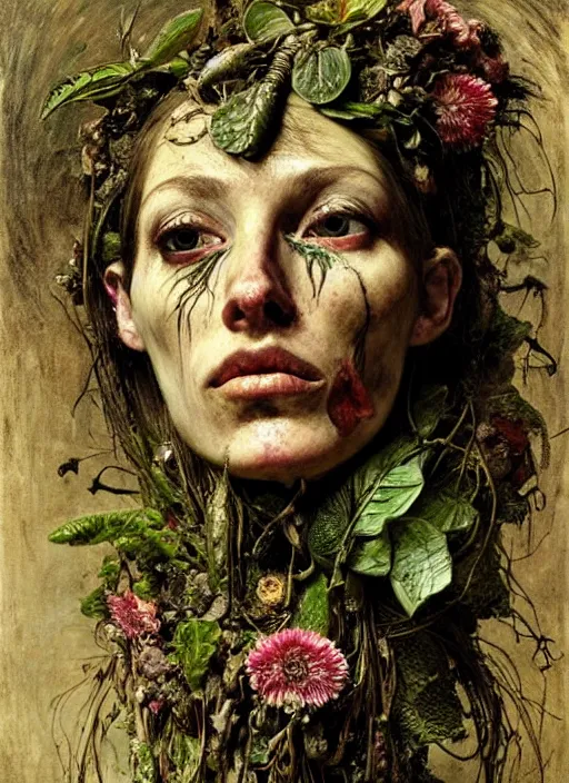 Prompt: beautiful and detailed rotten woman made of plants and many different types of flowers, muscles, intricate, organs, ornate, surreal, john constable, guy denning, gustave courbet, caravaggio, romero ressendi