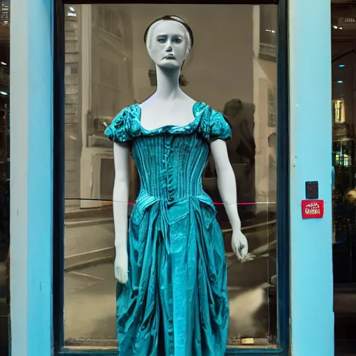 Image similar to victorian era turquoise dress on a manikin, trafalgar dress shop frontage, through the window, cobbled laneway, ambient lighting, cinematic quality, high octane, vray render, subsurface scatter, drum scanner intricate complexity, golden ratio, kojima, amano, charlie bowater museum piece, fine art