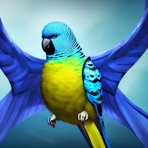 Image similar to an oil painting of a blue budgie with dragon wings, hd, hdr, ue 5, ue 6, unreal engine 5, cinematic 4 k wallpaper, 8 k, ultra detailed, high resolution, artstation, award winning