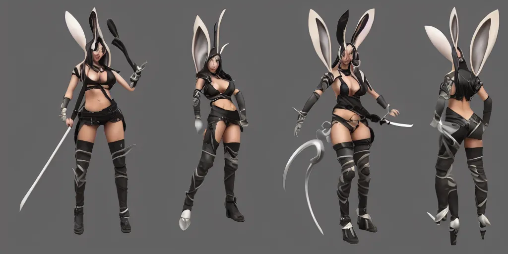 Image similar to character sheet of battle bunny akali (League of Legends). 3d render, octane render, iRay, ray tracing, realistic, highly detailed, trending on artstation, 4k, cgsociety, unreal engine 5, redshift render, blender cycles, behance, cg