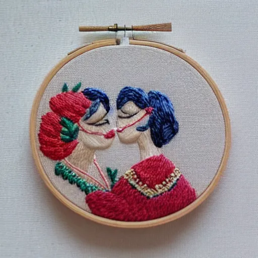 Image similar to a tiny beautiful handmade embroidery of two lovers kissing. hand embroidery.