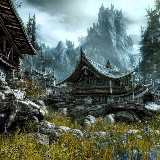 Image similar to 8k hyper realistic highly detailed HDR still of David Lo Pan in Skyrim