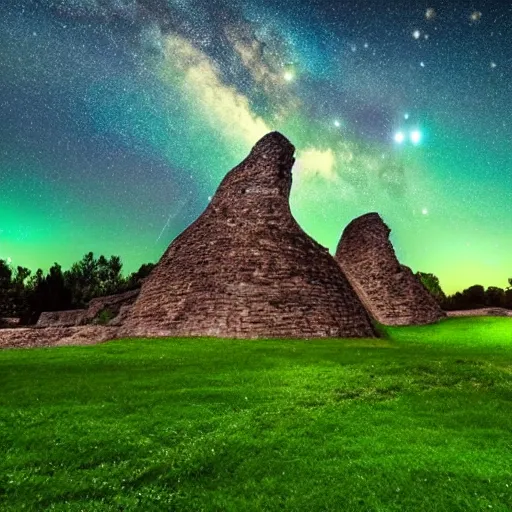 Prompt: An emerald green meadow filled with ancient structures with a cosmic sky full of stars and swirling lights