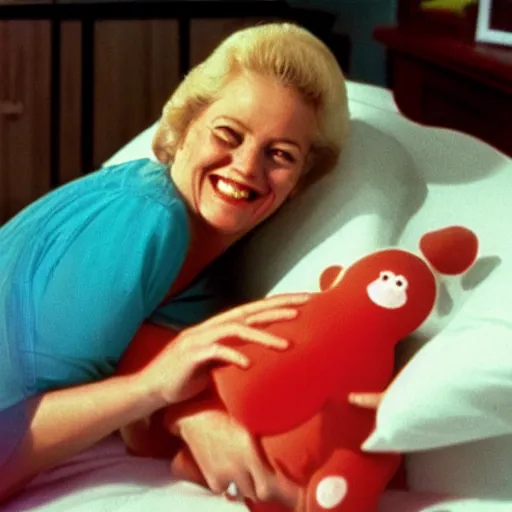 Prompt: happy woman who has given birth to a squishy inflatable toy, in hospital bed, 1974 color Fellini film, archival footage, technicolor film, 16mm, wacky children's tv with anthropomorphic animal