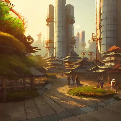 Image similar to A futuristic japanese solarpunk scientific village on a sunny day, art by Andreas Rocha and greg rutkowski, highly detailed, digital painting, matte painting, concept art, illustration, warm lighting, trending on artstation, very detailed