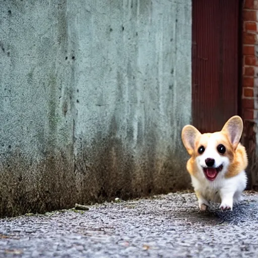 Prompt: corgi barking at rat in an alley as a human chases after the corgi, cute, realistic