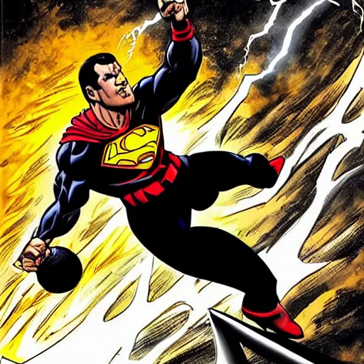 Image similar to black adam from dc comics dunking a basketball over superman on a city court at midnight. a major magical lightning storm in the sky.