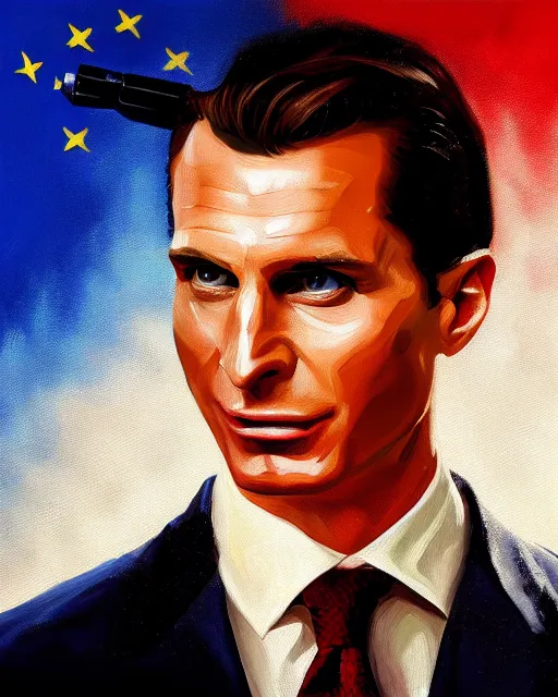 Prompt: oil painting portrait of patrick bateman, serbian flag background, cinematic lighting, high production value, intricate details, high resolution, hdr, high definition, masterpiece, realistic, ultrarealistic, highly detailed, hd, sharp focus, non blurry, sharp, smooth