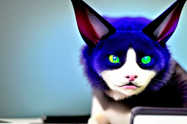 Image similar to a blue - and - black male heterochromatic catbat fursona with blue / green heterochromatic eyes ( differently - colored eyes, one green, one blue ) and huge bat ears, photo of the catbat streaming on his computer