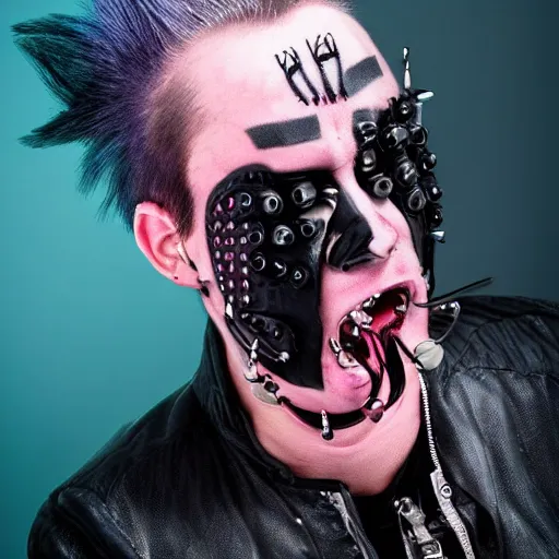 Image similar to neonpunk anarchist with mohawk and cyber implants on face, fuming, angry, grinning