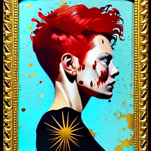 Image similar to portrait of red head woman :: side profile :: in ocean :: guns and bullets :: metallic details :: gold and petals pattern :: blood and horror :: by marvel and Sandra Chevrier