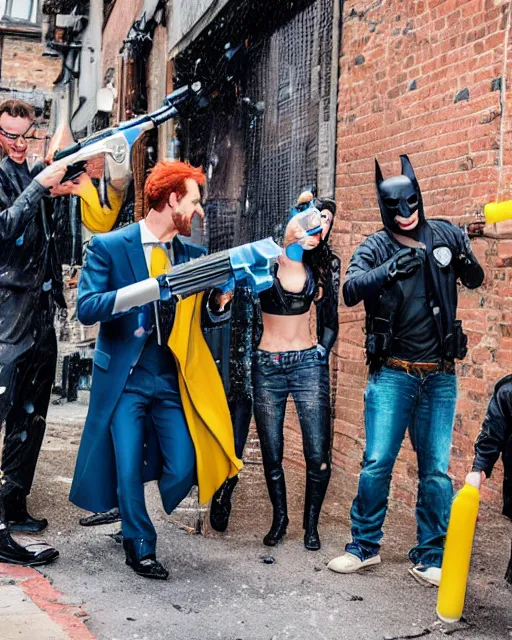 Image similar to happy batman firing super soaker water gun at playful criminals in an alleyway, everyone having fun, product advertisement, photography