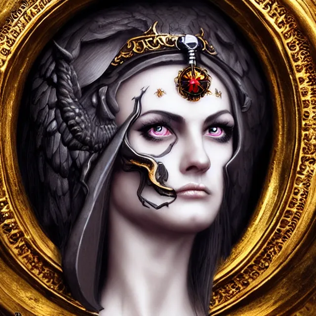 Image similar to centered portrait, close up, candid photography, goddess of death, by anne stokes, updo, highly detailed, accurate