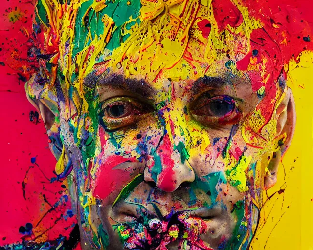 Image similar to abstract expressionist portrait of a head made of very thick impasto paint and acrylic pour and coloured powder explosion and splashing paint and dripping paint and flying paint chunks, eyes closed or not visible, expressing strong emotions, art by antony micallef, motion blur, hyperrealistic, intricate art photography, anatomically correct, realistic crisp textures, 1 6 k