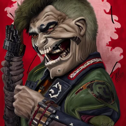 Prompt: a middle aged half orc with intelligent eyes, wearing a bemused fanged smile on his face. dressed in a patchwork military uniform jacket with cut sleeves, runic arm tattoos, digital painting, art by magali villeneuve