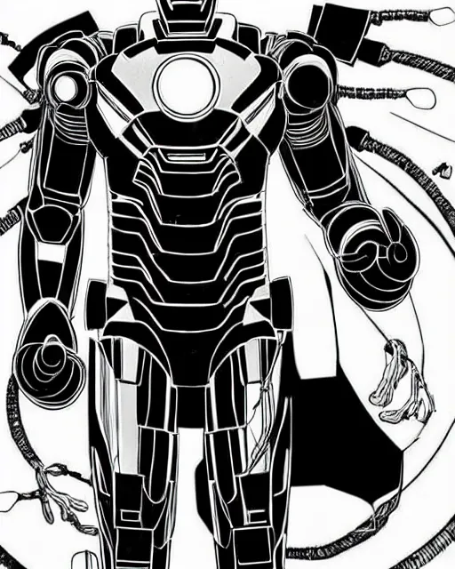 Prompt: black and white sad iron man with wires on hands on the destroed moon, iron man eat banana, wires earth background, by tsutomu nihei