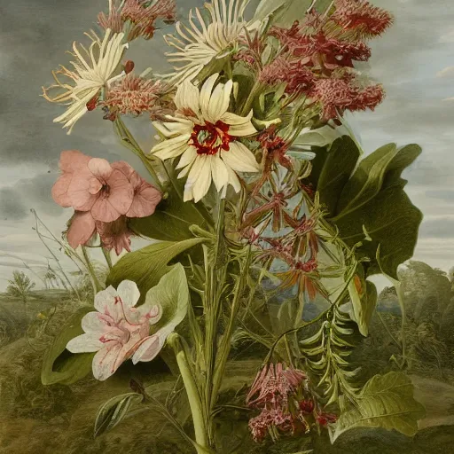 Image similar to a detailed botanical illustration on art paper of beautiful wildflowers by gerard van spaendonck, high detail,