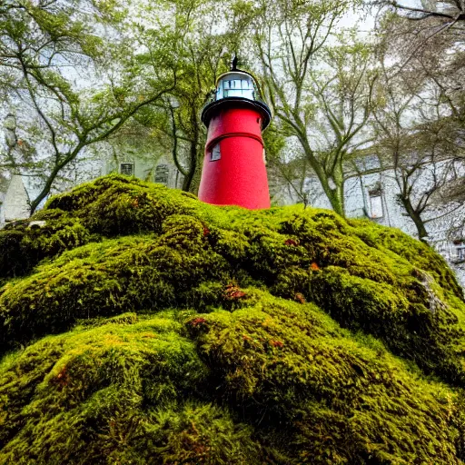 Prompt: photograph of a moss covered light house in the middle of a city on hills