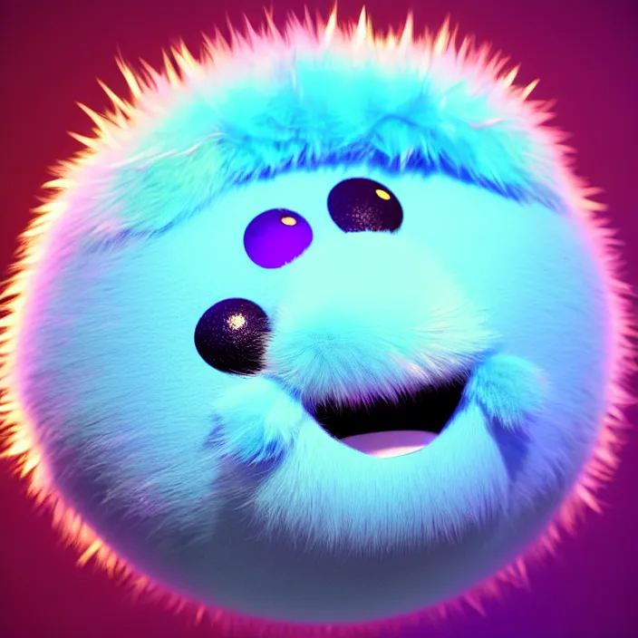 Image similar to high quality 3 d render hyperrealistic very cute big spherical creature smile emoji, whiskers, plush mascot, short spiky colorful dense fluffy smooth fur 1 cm long, psychedelic lighting, 1 5 0 mm, smooth background, artstation, elegant, ultra detailed, octane render